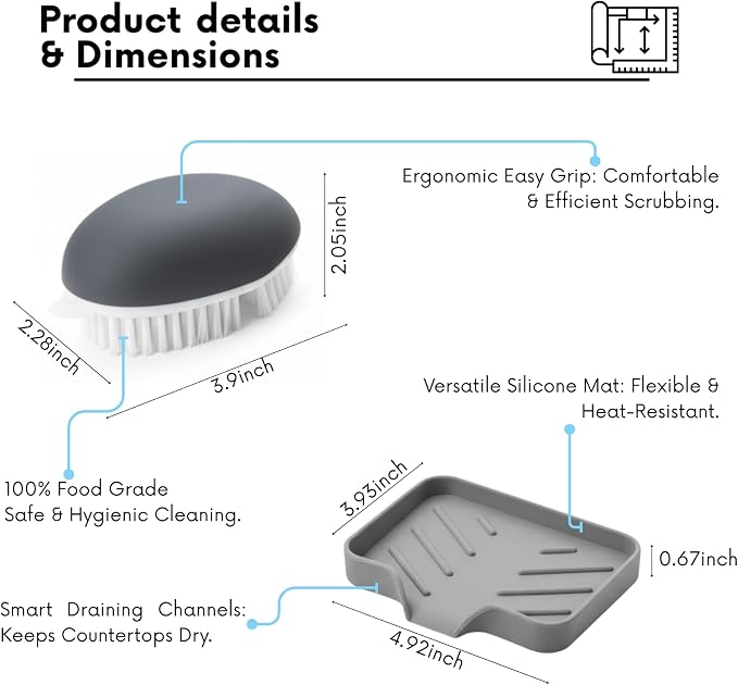 LEONBRANDS 3-Piece Vegetable Brush for Food and Silicone Sink Mat Set - Ergonomic Potato Scrubber for Deep Cleaning - Gray Kitchen Faucet Splash Guard and Veggie Brush Combo