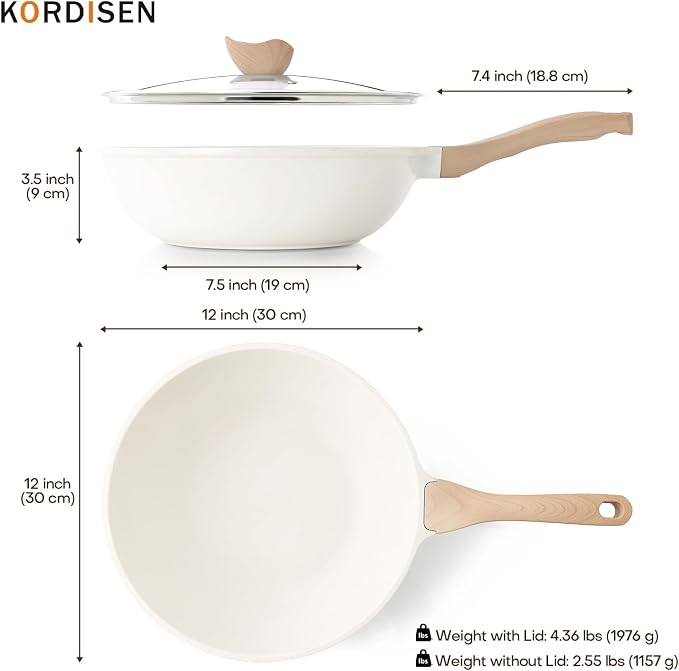 Kordisen Nonstick Wok with Lid, 12 Inch Woks & Stir-fry Pans, Healthy Coating Induction Cookware, Compatible with All Stovetops, PFOA Free (Cream White)