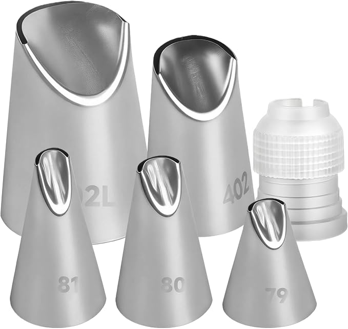 6 Pcs Cake Decorating Tips, Rose Flower Piping Tips Set with Coupler, 304 Stainless Steel Icing Nozzles for Buttercream Frosting, Cookie, Pastry, Dessert Baking for Home Bakers (79/80/81/402/402L)
