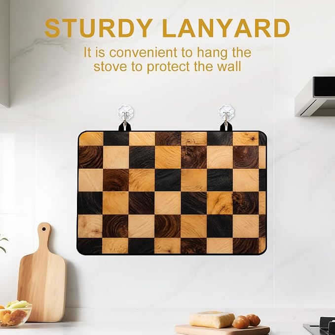 Wood Checkered Butcher Block Stove Top Cover Electric Gas Stove | Rustic butcher block wood kitchen decor; non-slip stovetop cover, faux wood noodle board, glass cooktop counter mat