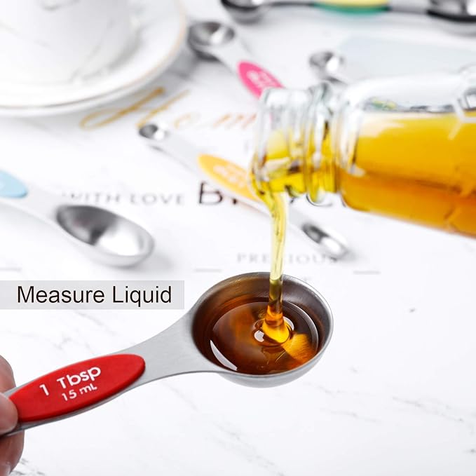 Magnetic Measuring Spoons Stainless Steel Dual Sided Teaspoons Tablespoons | for Measuring Dry and Liquid Ingredients Set of 6