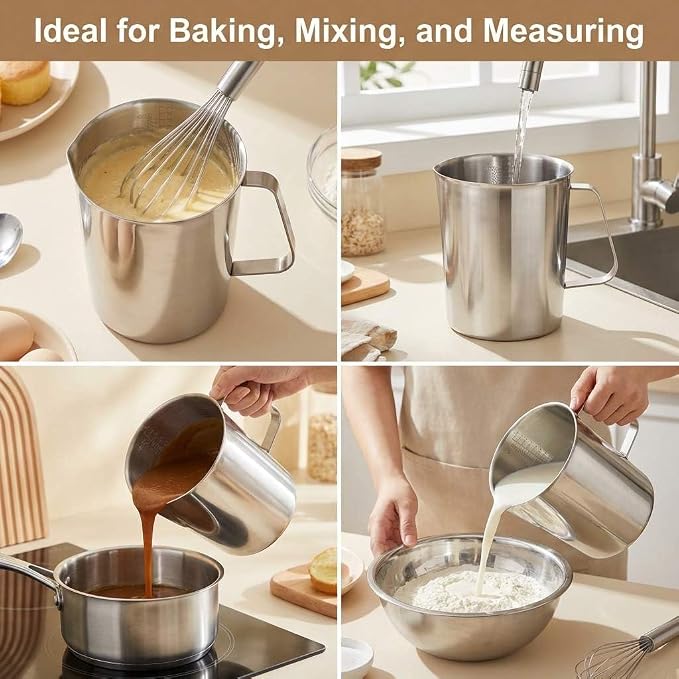 QWORK 304 Stainless Steel Measuring Cup 64 OZ with OZ/ML Graduations, 8 Cup Kitchen Mixing Pitcher, Precision Engraved Markings, Container for Baking and Frothing, 2 Liter