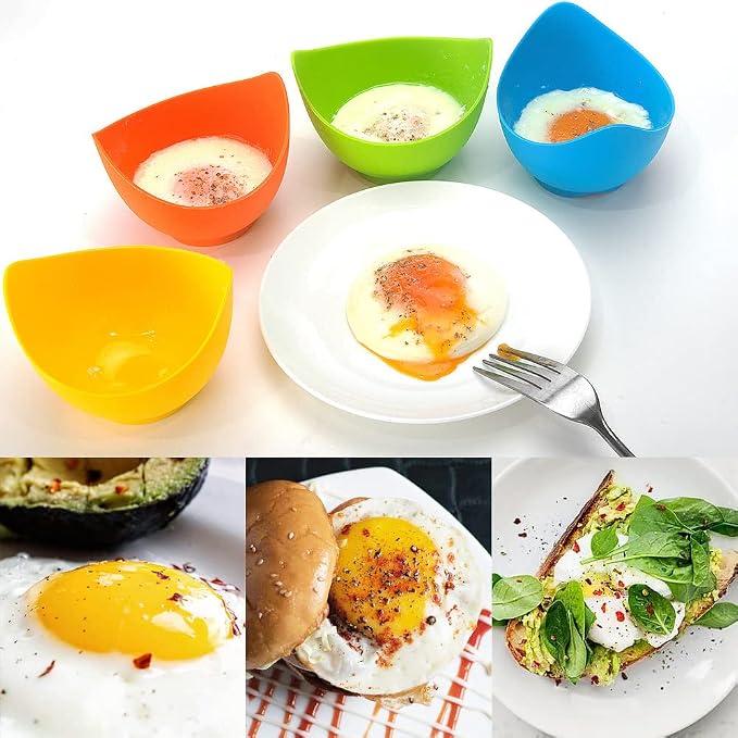 YomiFamily 4 Pack Silicone Egg Poacher Cups with Oil Brush, Gift Box | Nonstick Egg Poaching Cups, BPA Free, Ring Standers, Dishwasher Safe, for Stovetop, Microwave, Air Fryer, Baking oven