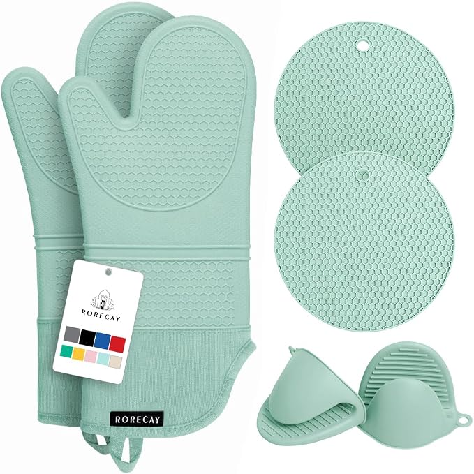 RORECAY 2-Pack Silicone Pot Holders for Kitchen, Hotpad with Pocket, Mint | Heat Resistant up to 500°F, Quilted Cotton Potholders, Non-Slip & Waterproof Trivets for Hot Pots, Pans, and Countertops