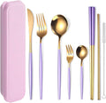 AARAINBOW 8 Pieces Stainless Steel Flatware Set Portable Reusable Cutlery Set Travel Utensils Set Including Chopsticks Knife Fork Spoon Straws Cleaning Brush Dishwasher Safe (Purple Golden)