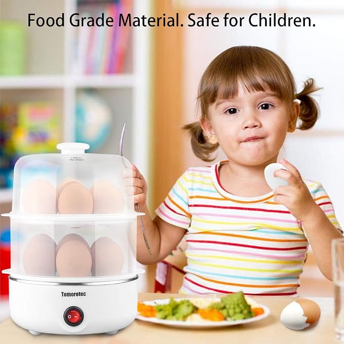 Tomorotec 14 Egg Cooker, Electric Hard Boiled Egg Boiler & Poacher, Steamer | 2-Tier Auto Shut-Off, for Vegetables, Seafood & Dumplings, Stainless Steel Plate, BPA Free, See-Through Lid, Easy Clean