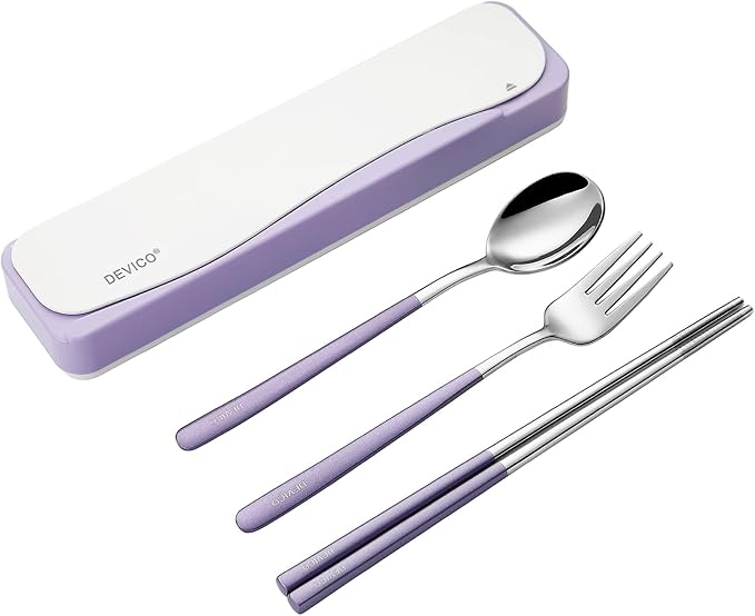 DEVICO Travel Utensils with Case, 4Pcs Portable Silverware Set for Work, 18/8 Stainless Steel Reusable Cutlery, Korean Spoon and Chopsticks Fork for Camping, School, Lunch Box Accessories (Purple)