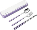 DEVICO Travel Utensils with Case, 4Pcs Portable Silverware Set for Work, 18/8 Stainless Steel Reusable Cutlery, Korean Spoon and Chopsticks Fork for Camping, School, Lunch Box Accessories (Purple)