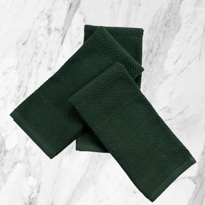 Dark Green Kitchen Hand Dish Towels, Set of 3, 100% Cotton, 18" x 28" | Terry Loop Textured, Soft & Absorbent Cleaning Cloth, Quick Dry, Multipurpose for Everyday Use