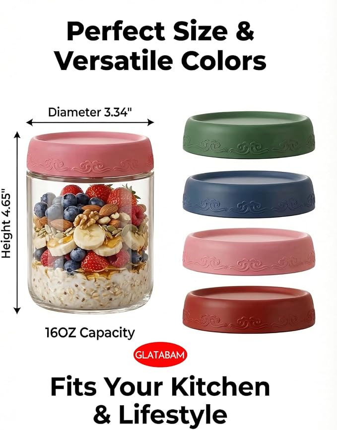 16 OZ 4Pack, Overnight Oats Jars with Lids, Glass Meal Prep Containers, Airtight Mason Jars for Breakfast, Yogurt Parfait, Salad & Smoothies, Leakproof and Reusable Food Storage Jars(4-1)