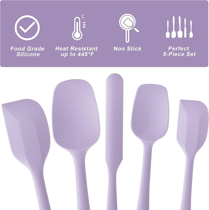 Silicone Spatula Set,5 Piece Food Grade Rubber Spatulas,Lavender | Spatulas Silicone Heat Resistant for Baking,Cooking,and Mixing High Heat Resistant Non Stick Dishwasher Safe BPA-Free