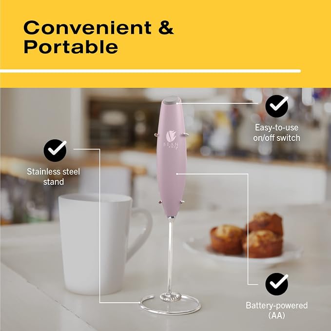 Bean Envy Milk Frother Handheld - Coffee Mixer Wand with Stand - Pink | Battery Operated, Stainless Steel Whisk, 19000 RPM, Protein Powder Blender, Electric Stirrer, Mini Foamer