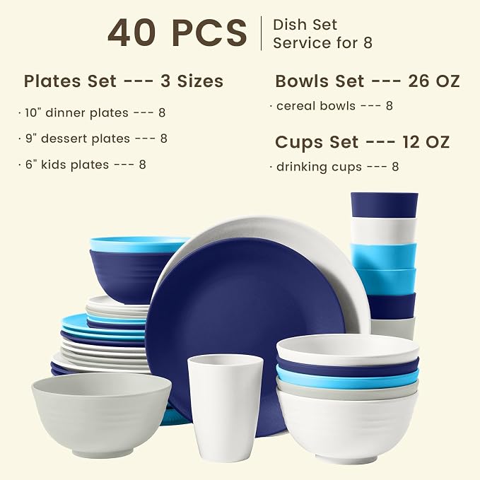 40 PCS Wheat Straw Plates and Bowls Sets, Cups Sets, Service for 8, Unbreakable Microwave and Dishwasher Safe Dinnerware Sets,Reusbale Plastic Dishes Set - Island, Matte