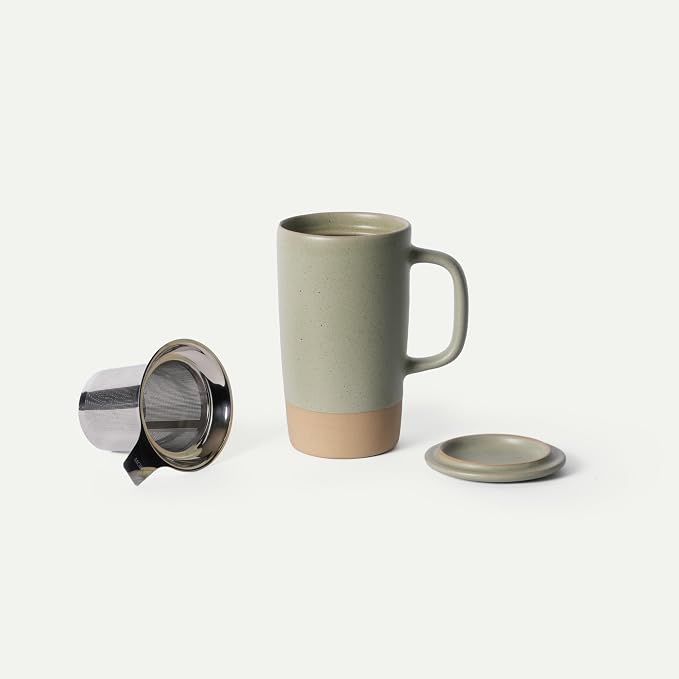 Mora Ceramics Large Tea Mug with Loose Leaf Infuser and Ceramic Lid, 18 oz, Portable, Microwave, Dishwasher Safe, Tall Coffee Cup - Rustic Matte Ceramic Glaze, Modern Herbal Tea Strainer, Thyme