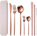AARAINBOW 8 Pieces Stainless Steel Flatware Set Portable Reusable Cutlery Set Travel Utensils Set Including Chopsticks Knife Fork Spoon Straws Cleaning Brush Dishwasher Safe (Rose Golden)