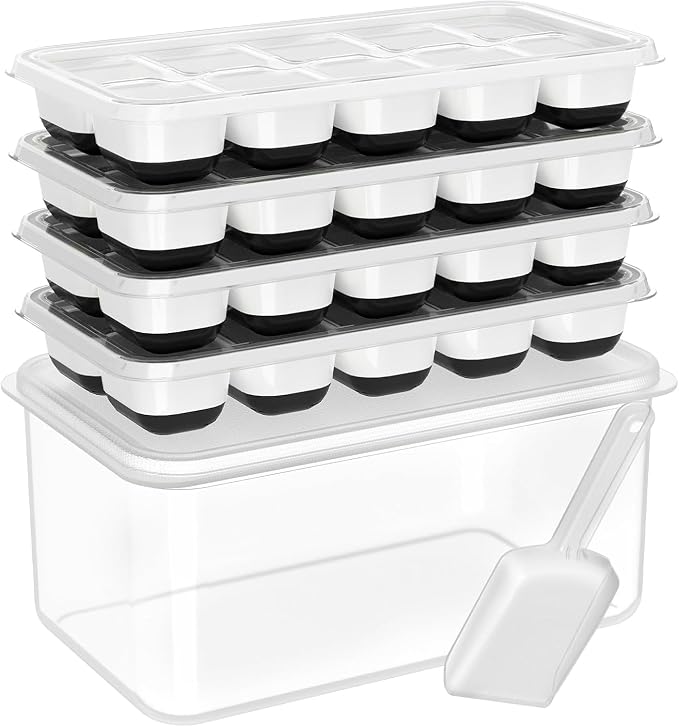 DOQAUS Ice Cube Tray with Lid and Bin,4 Pack Ice Cube Trays for Freezer | Silicone, Stackable. Easy Release Trays with Storage Bin & Scoop. Ideal for Freezer, Kitchen, RV, Cocktail, Coffee.