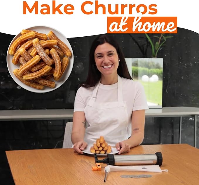 Churro Maker Kit Stainless Steel, Piping Bag, XL Filling Needle | Premium churrera with easy press handle and decorating tips for homemade filled churros, sweet fillings, and desserts