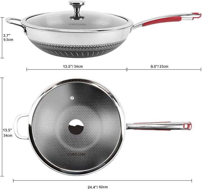 ITSMILLERS Tri-ply Stainless Steel Wok with Lid, 13.5'' PFOA Free Nonstick Stir Fry Pan, Induction Compatible, Dishwasher and Oven Safe, Scratch-resistant Surface