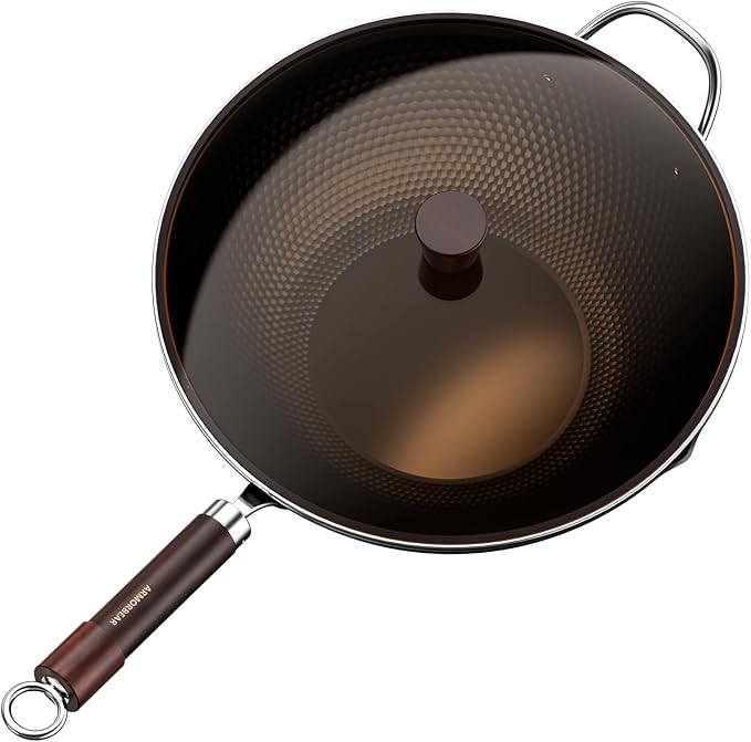 Carbon Steel Wok Pan, Tripole Nitrided Pre-Seasoned Flat Bottom Woks & Stir-Fry Pans Nonstick, Chinese Wok with Glass Lid for All Stovetops, Gift for Chef - 13.4 Inch