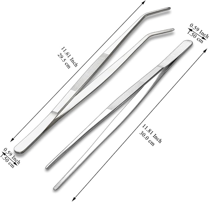 Berglander Kitchen Tweezers Tongs 2pcs, 12" Extra-Long Stainless Steel Metal Heavy Duty Cooking Tweezers for Chef, Serving Food, Grill, Culinary, Pasta, Salad, BBQ