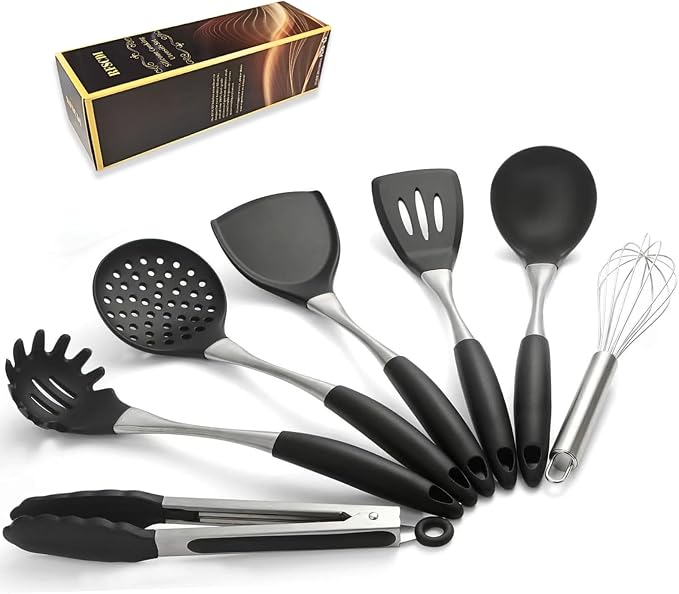Premium Black Silicone Cooking Utensils Set - Non-Toxic, Heat Resistant& Non-Stick Kitchen Utensils Set with Spatula, Spoon, Whisk, Tongs, BPA Free, Dishwasher Safe, Black