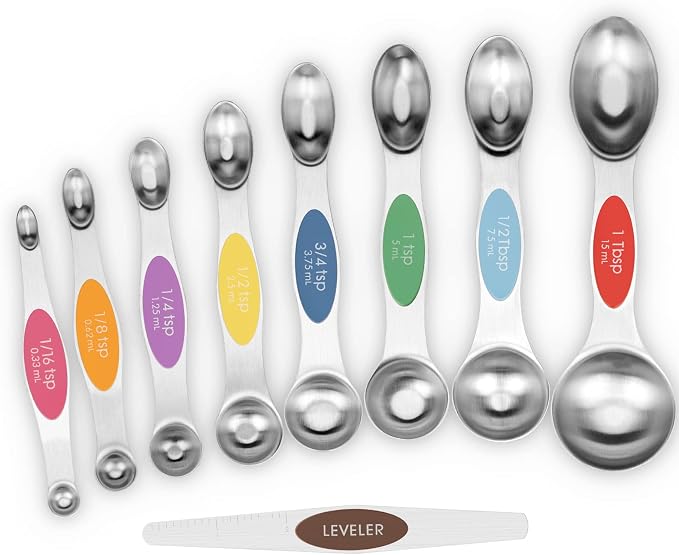 Aovchei 9 PCS MultiColor Magnetic Measuring Spoons Set | Dual Sided, Stainless Steel Small Tablespoon, Teaspoons, Fits in Spice Jars, for Dry and Liquid