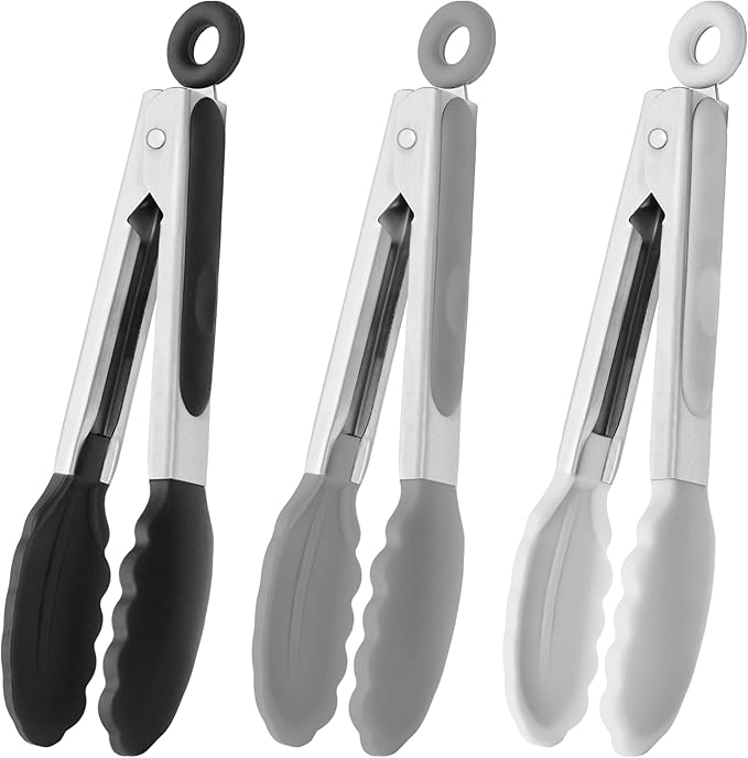 HINMAY Small Silicone Tongs 7-Inch Mini Serving Tongs, Set of 3 (Black Gray White) | Black Gray White