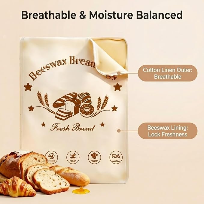 Beeswax Sourdough Bread Bags for Homemade Bread (2 Pack) | Premium Double Layer Reusable Linen Bread Storage Bag 17 x 12.6 IN