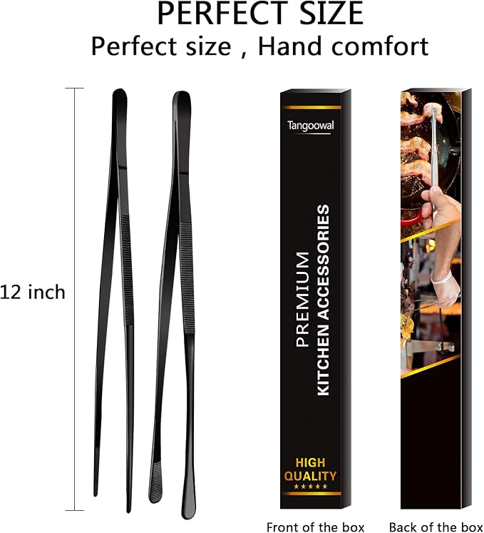 2 Pcs 12-Inch Cooking Tweezers Tongs,Extra-Long Stainless Steel Kitchen Tweezer Tongs - Black