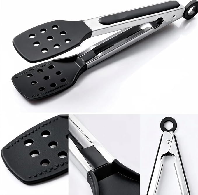 9 Inch Kitchen Tongs, Stainless Steel Cooking Tongs with Silicone Tips | For Cooking/Serving/Grilling | Heat-Resistant | Food-Grade Material | Dishwasher Safe | 9", Black