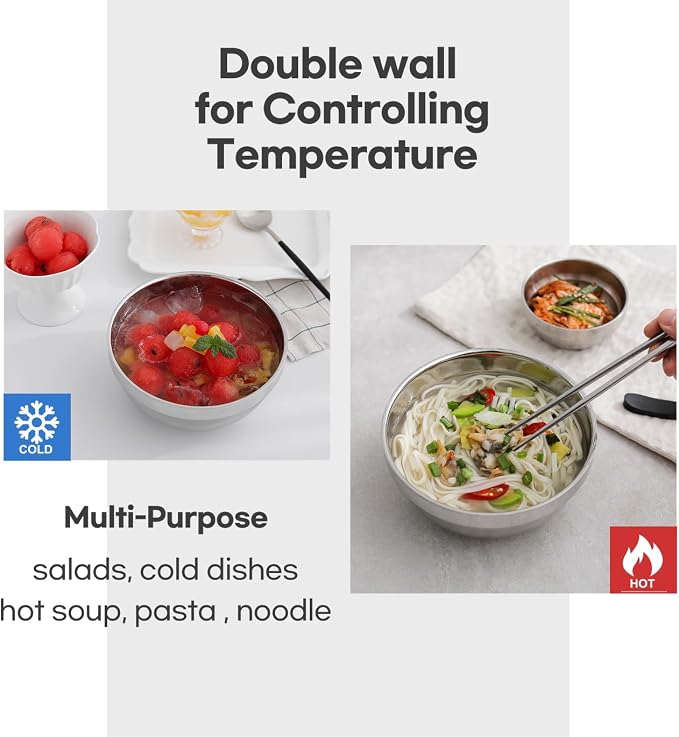4 Pack 40 Oz Stainless Steel bowl set with chopsticks, Metal Double=walled Insulated noodle bowl, cereal, Ice Cream, Soup, Korean Ramen, 7 Inch