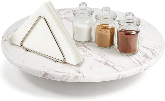 Marble Lazy Susan, Natural Marble Round Tray Turntable Cake Stand, 12" Lazy Susan Cheese Board with Silent Rotating for Serving, Table Display, Cupcake, White, Revolving Cake Leveler Spinner