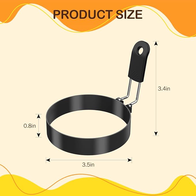 NileHome 3.5" Nonstick Egg Rings Set of 4,Black | BPA-free,Dishwasher safe,Foldable Handle,Perfect Food Shaping,Ideal for Making Hamburgers, Fried Eggs, English Muffins