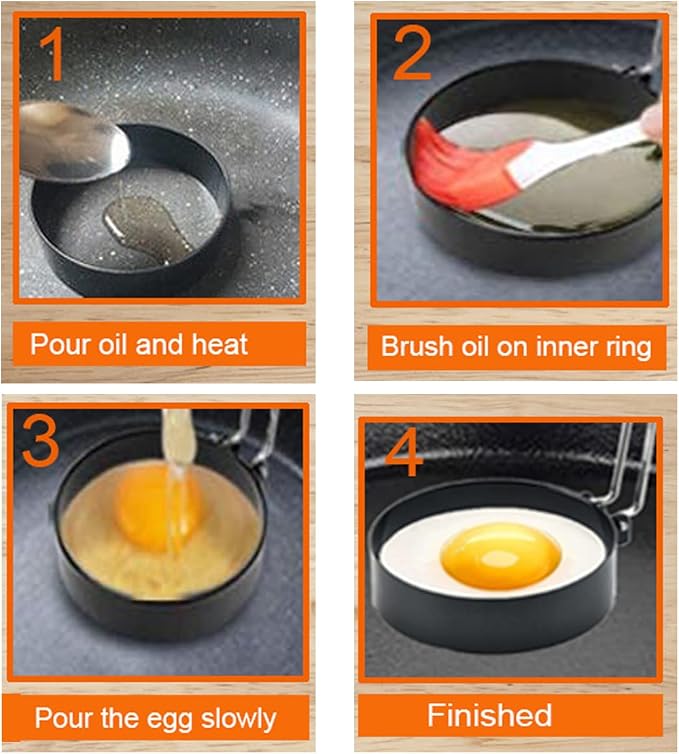 Upgrade 4'' Large Egg Rings Set, 4 Packs Stainless Steel Round Egg Maker Mold, Anti-scalding Grill, 1X Oil Brush & 1X Egg Separator White