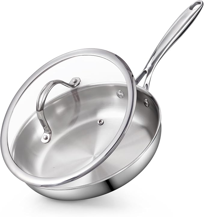 Cooks Standard Multi-Ply Clad 10-Inch Stainless Steel Frying Pan with Glass Lid, Everyday Wok Stir Fry Pan Kitchen Skillet, Stay-Cool Handle, Induction Compatible Cookware, Dishwasher Oven Safe
