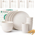 Plates and Bowls Sets 28 PCS Modern Wheat Straw Dinnerware Sets for 4 Unbreakable Kitchen Plate Set - Dinner Plates, Plastic Bowls, Travel Utensils Microwave & Dishwasher Safe (White)