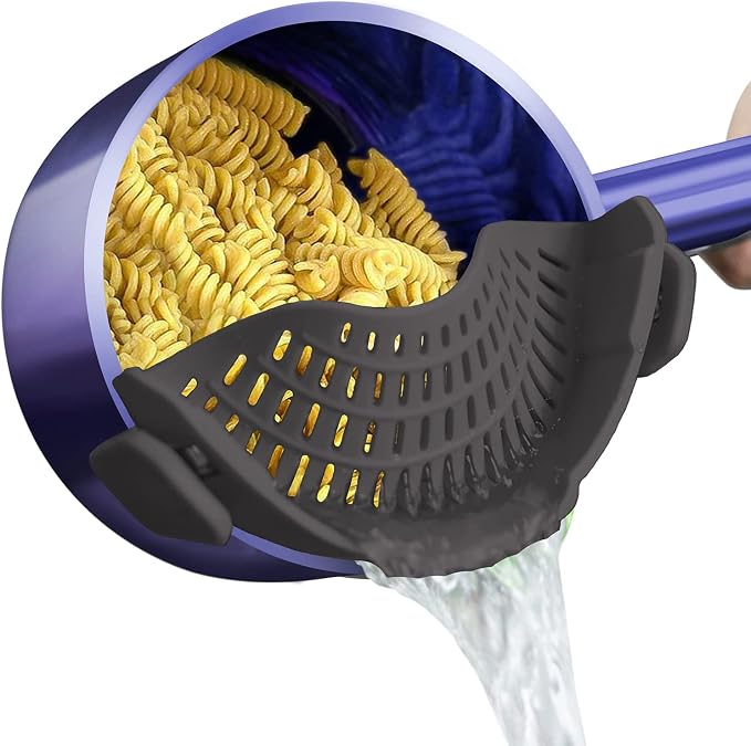 AUOON Clip On Pot Strainer Silicone, Standard 8.86 x 3.55in, Gray | BPA-free, Fits All Pots Pans Bowls, Dishwasher Safe, for Pasta Noodles Vegetable Fruits, Space-saving Kitchen Gadget