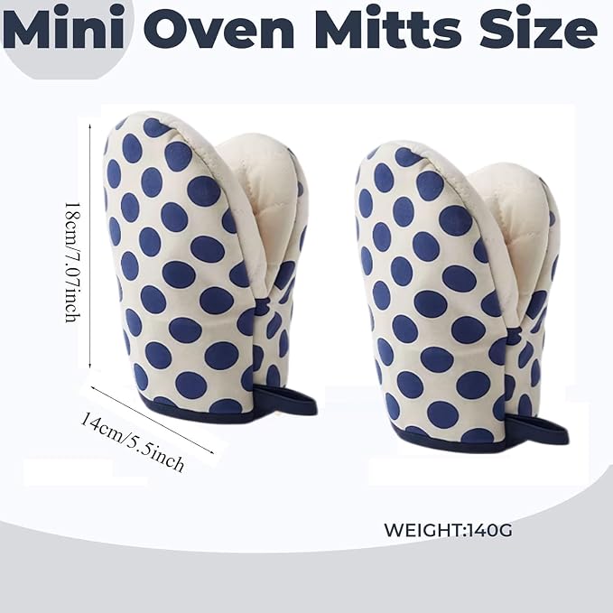 1 Pair Mini Oven Mitts,High Heat Resistant Oven Gloves,Kitchen Short Oven Mit with Hanging Loop for BBQ, Baking, Cooking and Grilling, (dotblue)
