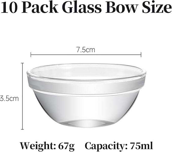 3in 2.5oz Small Clear Glass Ramekins Custard Bowls, 10 Pack Mini Glass Dipping Sauce Cups Pinch Bowl, Little Kitchen Condiment Ingredient Prep Salad Dishes, Dishwasher Microwave Freezer Safe