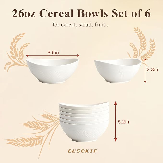 Soup Bowls Sets of 6, Unbreakable Wheat Straw Bowls 26oz, Oval Kitchen Bowls for Fruit, Ramen, Salad, Microwave and Dishwasher Safe Plastic Serving Bowls for Party, Apartment, Dorm - White