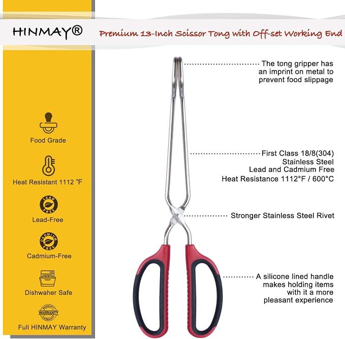 HINAMY 13" Stainless Steel Scissor Tongs with Comfort-Grip Handle, Set of 2