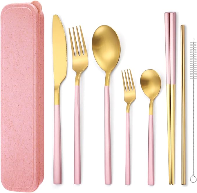 AARAINBOW 6 Pieces Stainless Steel Flatware Set Portable Reusable Cutlery Set Travel Utensils Set Including Chopsticks Knife Fork Spoon Straws Cleaning Brush Dishwasher Safe (B-Pink golden)