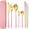 AARAINBOW 6 Pieces Stainless Steel Flatware Set Portable Reusable Cutlery Set Travel Utensils Set Including Chopsticks Knife Fork Spoon Straws Cleaning Brush Dishwasher Safe (B-Pink golden)