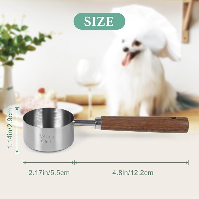 Food Scoop Measuring Cup - 1/4 Cup (4 Tablespoon | 2 Oz. | 60 mL),304 stainless steels,Black walnut long handle