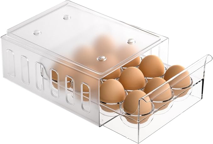 Egg Holder for Refrigerator Drawer Type Egg Container for Refrigerator BPA Free Fridge Organizer-12 Egg Storage,Stackable