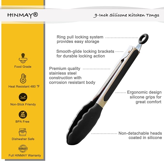 HINMAY Serving Tongs 9" Cooking Tongs with Silicone Tips, Set of 3 (Black)