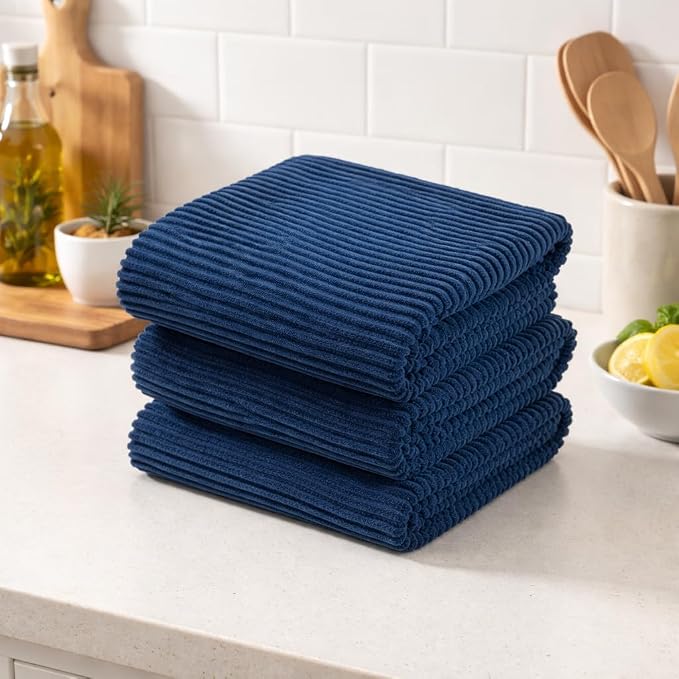 Royal Navy Blue Kitchen Hand Dish Towels, Set of 3, 100% Cotton, 18" x 28" | Terry Loop Ribbed Textured, Soft & Absorbent Cleaning Cloth, Quick Dry, Multipurpose for Everyday Use