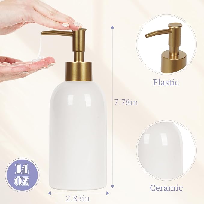 Natheeph 14OZ Ceramic Soap Dispenser Bathroom/Kitchen Can Fill Liquid-White | Ceramic Soap Pump Dispenser Bottle for Bathroom/Kitchen, Refillable Hand Soap, Dish Soap, Shampoo, Lotion etc.
