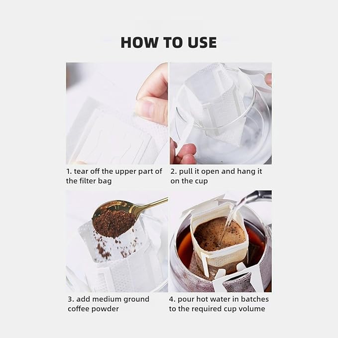 Hanging Ear Coffee Filter Bags, 50 Count | Disposable, Portable Single Serve, Non-Woven Pour Over Pouches, For Travel, Camping, Office & Home