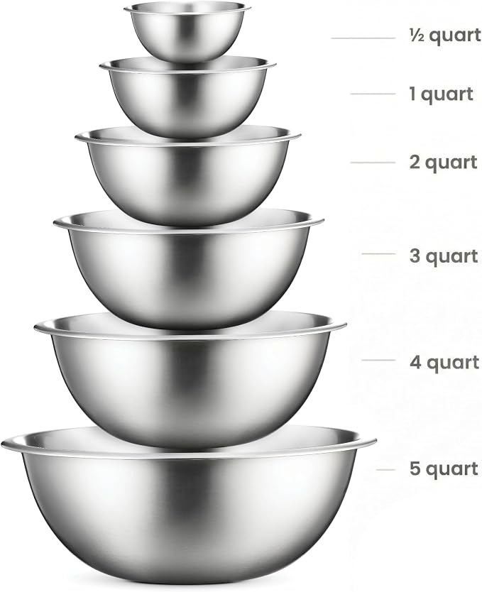 FineDine Stainless Steel Mixing Bowls Set, Dishwasher Safe, 6 Piece Metal Mixing Bowls For Kitchen, Nesting, Large, Small, Big Food Prep, Cooking, Baking